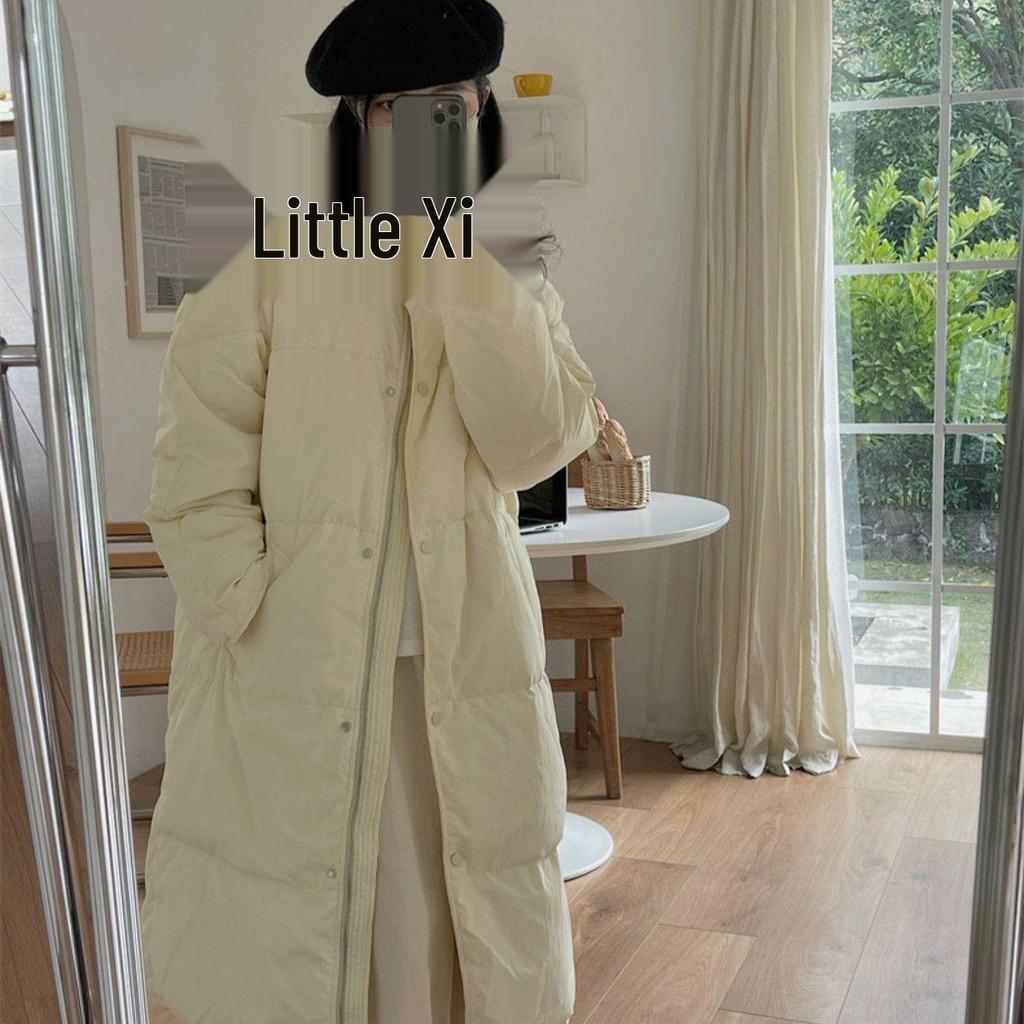 Women's Korean Style Mid-Length Down Jacket - Solid Color, Stand-Up Collar, Loose Fit, Warm Winter Coat.