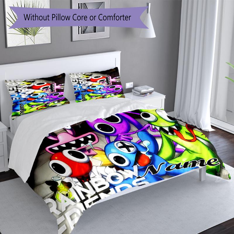 3pcs Custom Name Rainbow Friends Bedding Set,Includes 1 Duvet Cover and 2 Pillowcases,All-season Bedroom Decor