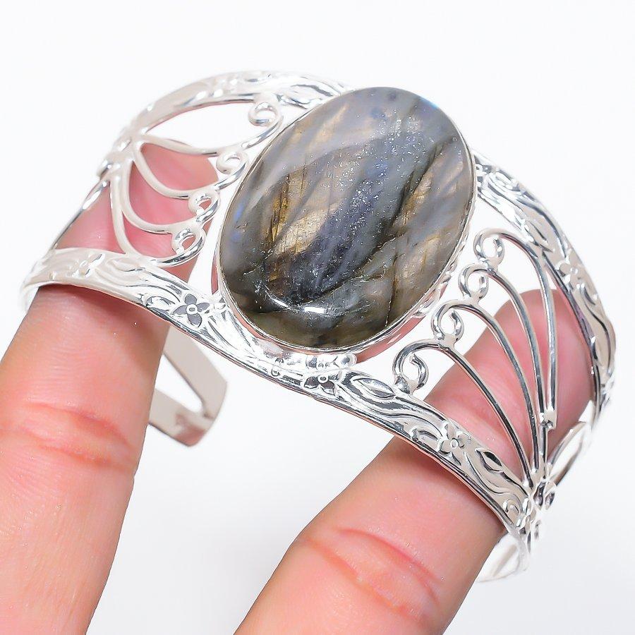 

Натуральный Лабрадорит Драгоценный Камень 925 Стерлинговое Серебро Манжета Браслет Регулируемый v7i85