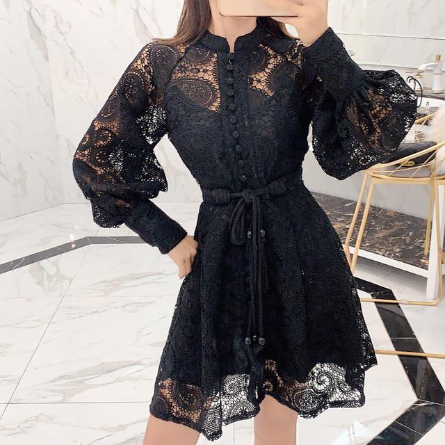 2020 New Spring Self Portrait Runway Dress Hollow Lantern Sleeves Embroidered Lace Party Dress