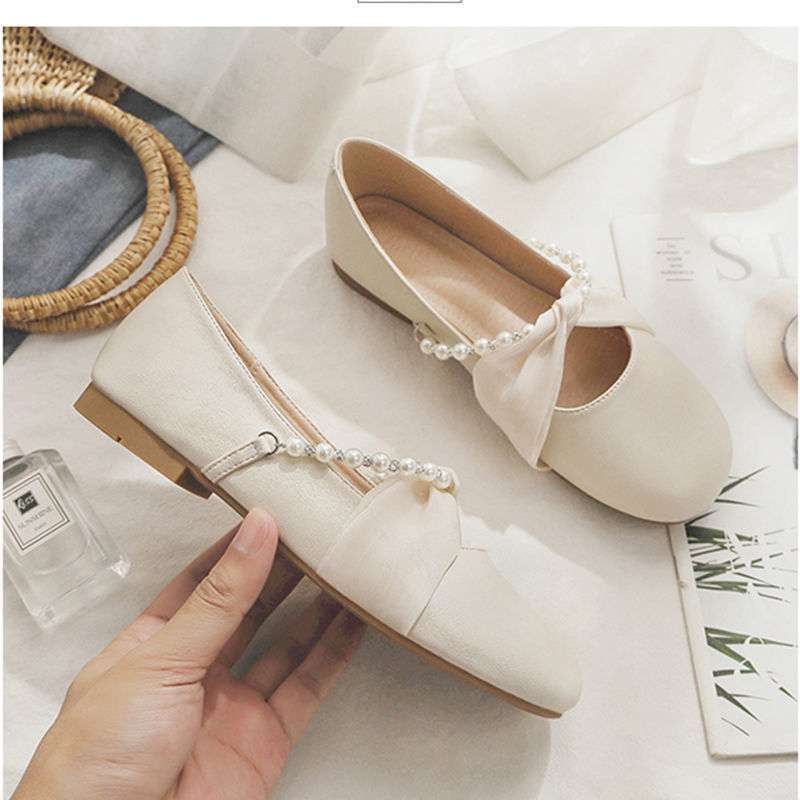 2025 summer single shoes women's flat bottom shallow mouth pearl with skirt Doudou shoes fairy one pedal gentle wind grandma shoes
