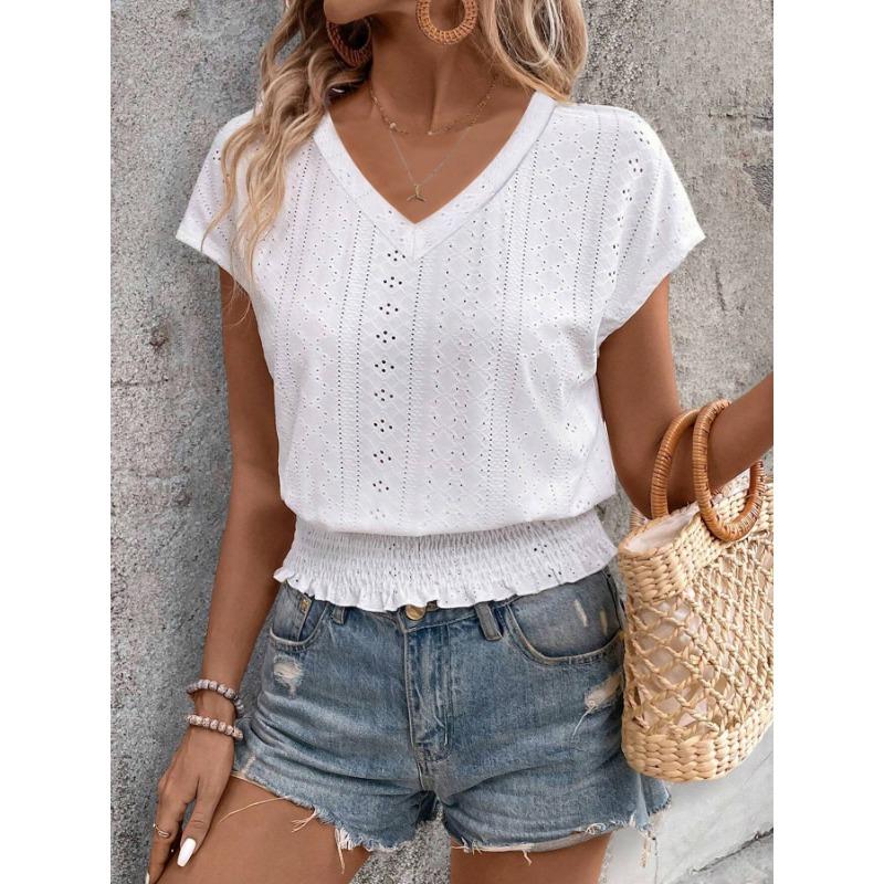 

Summer Short Sleeve Hollow Out Blouse Women Sweet V Neck Lace Shirt Ladies Solid Color Casual Top Women Pleated Simple Office Clothing S белый