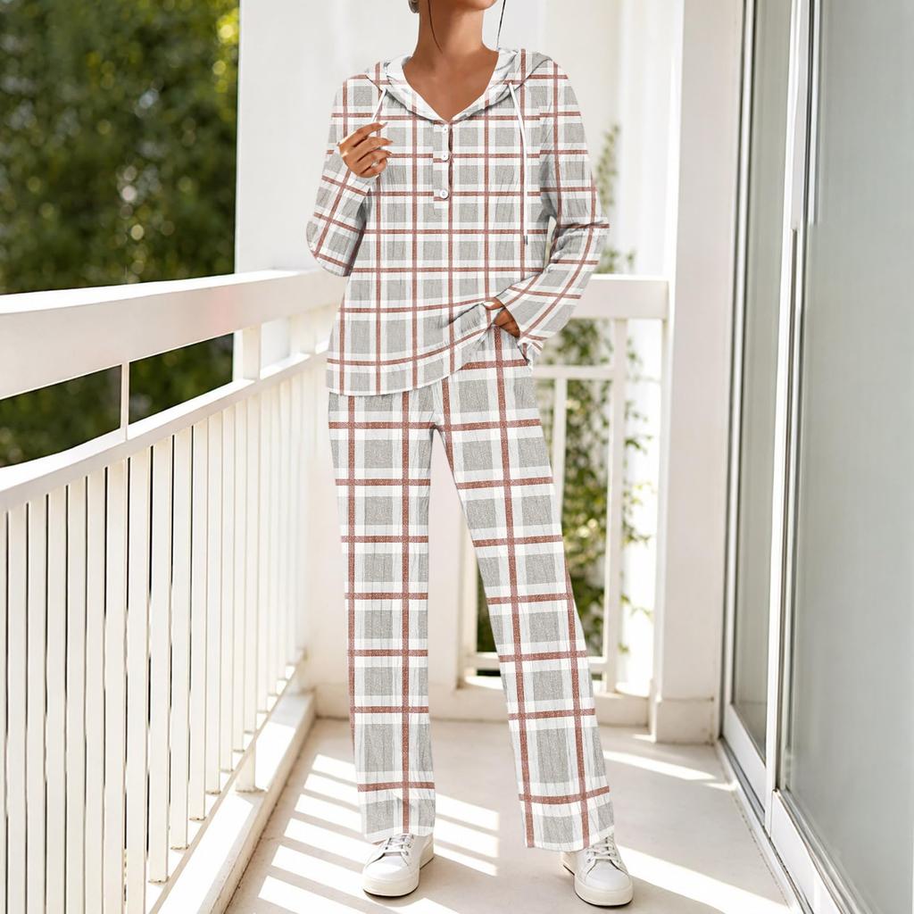 Women's V-Neck Printed Long Sleeve Hoodie Loungewear Set with Pockets - Loose Fit 2 Piece Casual Sleepwear Pajama Set for Home
