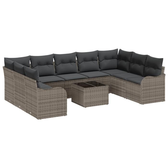 Ensemble de Canapé de Jardin 9 Pièces avec Coussins Noir Poly Rotin, Canapé de Jardin 2 Places avec Coussins Gris Poly Rotin 3345869