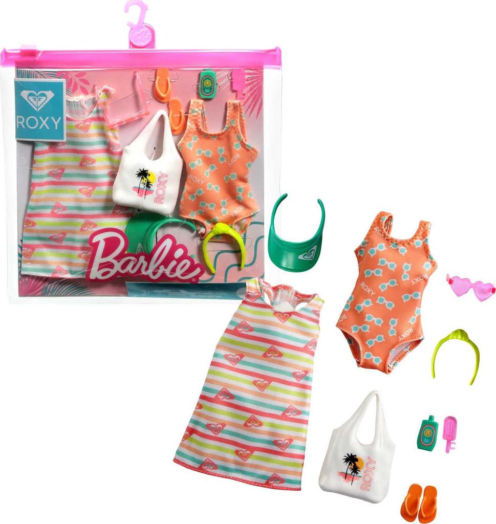 Mattel - Barbie Storytelling Fashion Inspired by Roxy Pack, Striped Dress, Roxy Swimsuit & Beach-Themed Accessories