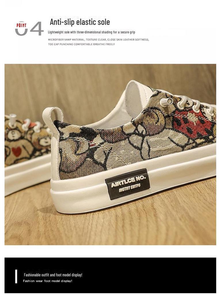 Men's Breathable Cartoon Bear Trendy Low-Top Casual Shoes - Four Seasons Wear-Resistant Flat Sneakers