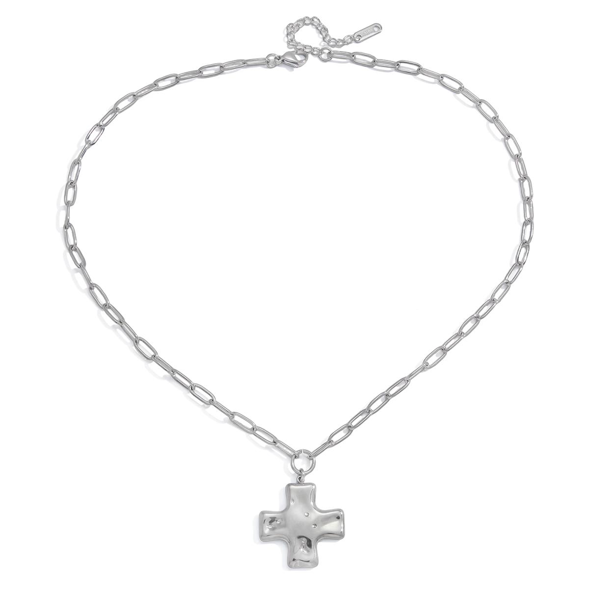 

Yori Stainless Steel Hammered Hydraulic Cross Pendant Paperclip Chain Necklace for Women Daily Wear Arrivals Fashion Jewelry