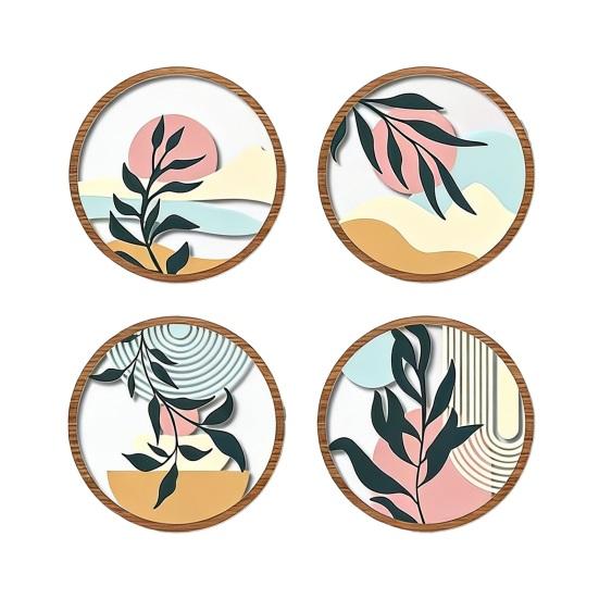 4 шт. Бохо Настенное Искусство Круглый Богемный Закат Деревянный Минималистичный Постер для Фермерского Дома Абстрактное Растение Сквозное Настенное Украшение для Гостиной Спальни 4pcs