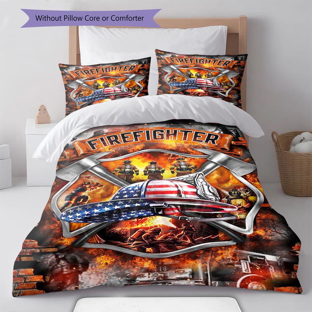 Firefighter Pattern Bedding Quilt Set Quilt Cover Pillowcase Home Decoration Gift (1 * duvet cover + 2 * pillowcase, without core)