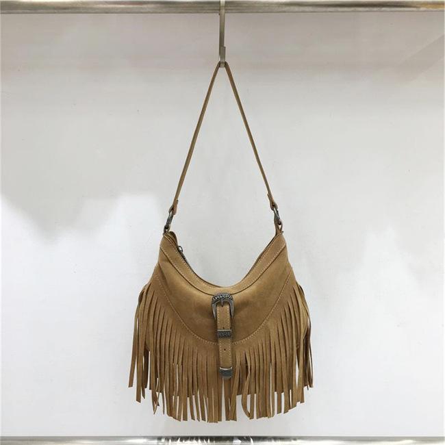 

Vintage Tassel Crossbody Shoulder Bags Women Fashi Faux Suede Small Handabg and Purse Female Commuter Design Armpit Hobos Bags 26x15x8cm абрикосовий