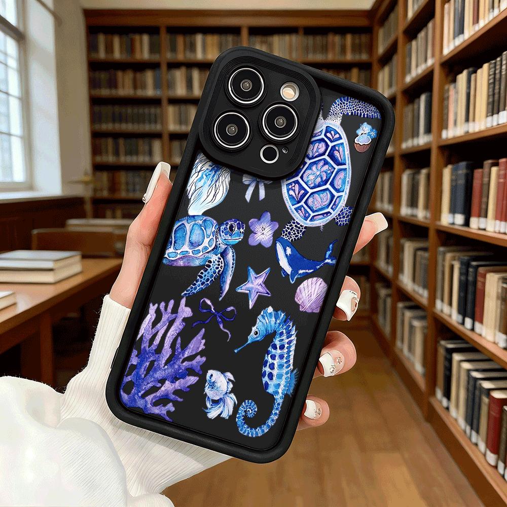 Purple Blue Sea Creatures Soft TPU Phone Case for iPhone 17 16 15 14 13 12 11 Pro Max Plus Shockproof Anti-Slip Cover