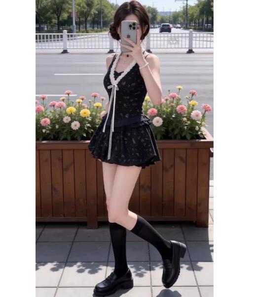 Holiday floral lace neck and waist dress women's summer new design pure desire wind Spice Girl short skirt