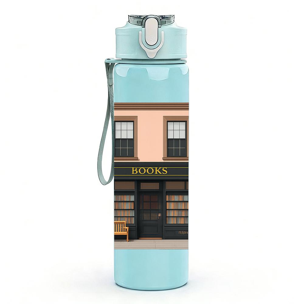 1PC Vintage Street Shop Facade 750ml Color Plastic Sports Water Bottle Leakproof Flip Straw Lid For Sports Office Home Use