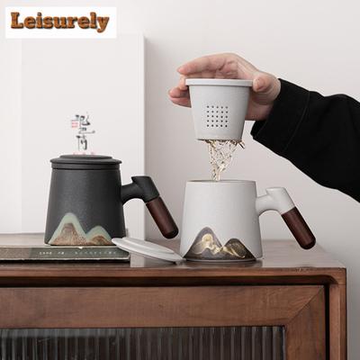 Tazza di Montagna Dipinta a Mano con Coperchio in Ceramica Tazza Giapponese per Separazione Acqua Tè Filtro Contenitore Interno Tazza per Infusione Ufficio Scatola Regalo