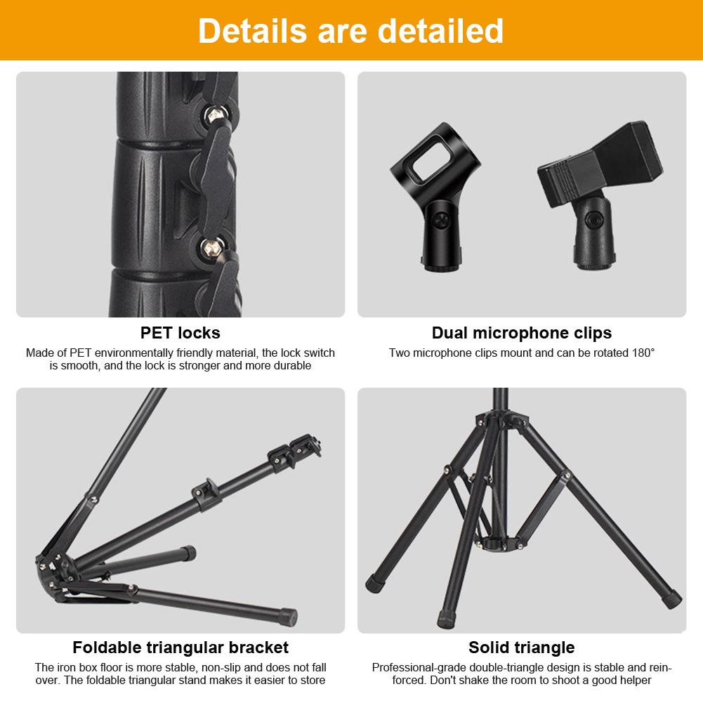 Microphone Stand Tripod with Carrying Bag and 2 Mic Clips Floor Mic Stand Height Adjustable Mic Holder for Singing Performance