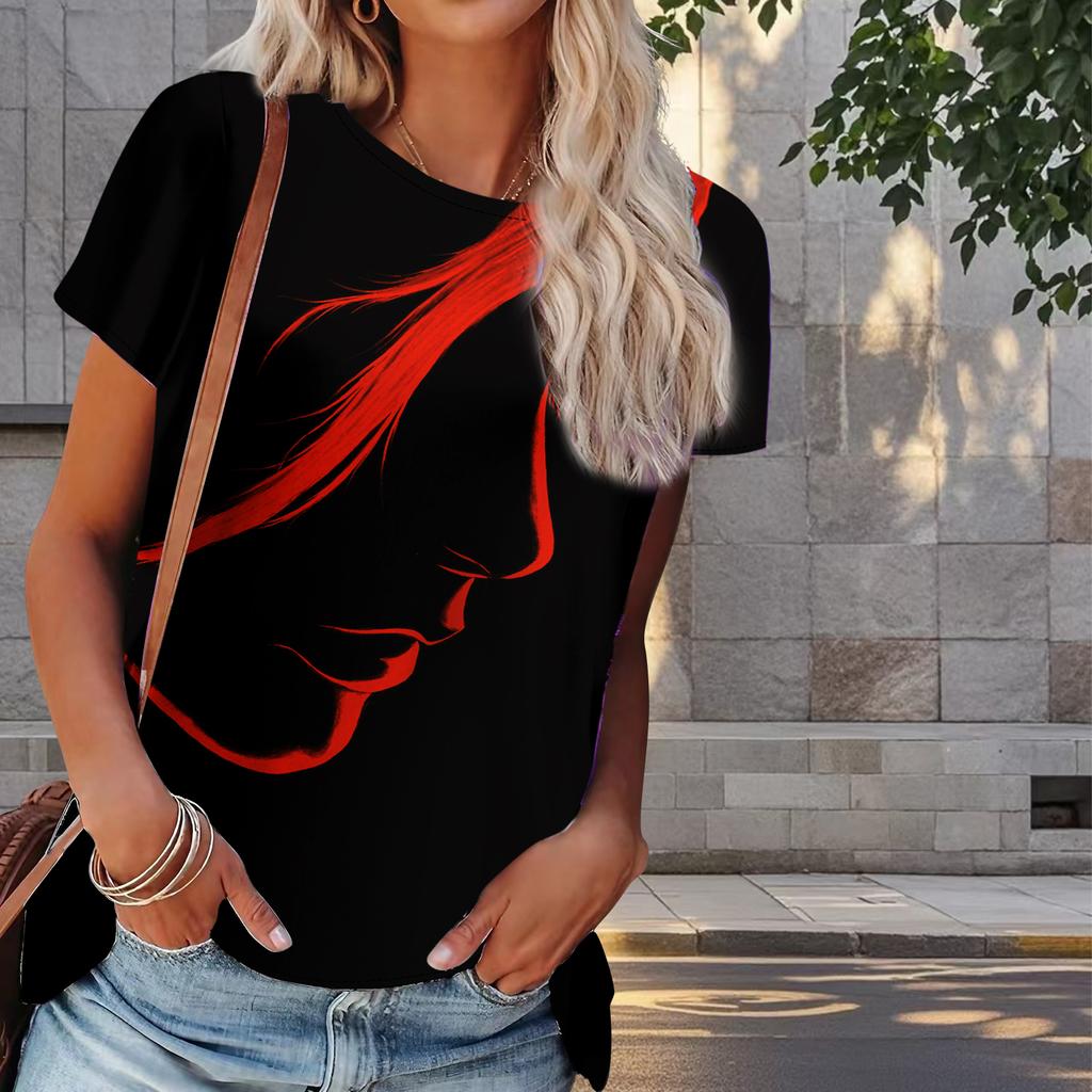 Women Summer T Shirt Side Face Print Retro Fashion Short Sleeve Tees Casual   Printed  Tops