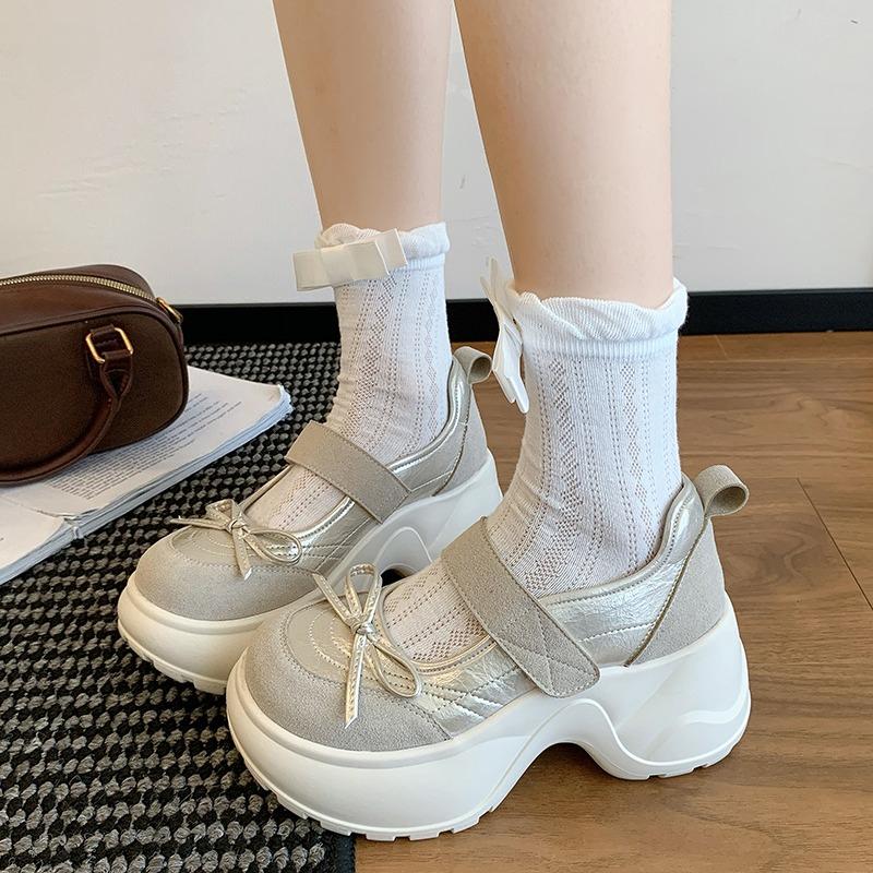 Bow Platform French Mary Jane Small Leather Shoes Women's Spring and Summer New Round Toe Shallow Mouth Heightened Single Shoes