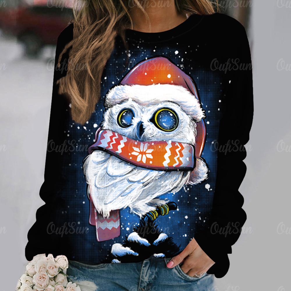 Cartoon Owl Pattern Cotton T-Shirt For Women Christmas Style Long Sleeve Tops Autumn O Neck Oversized Pullover Harajuku Sweater