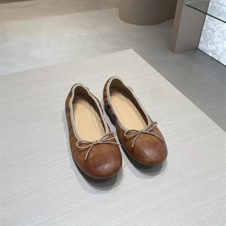 Bow pleated soft leather ballet shoes women's summer new round head flat leather shoes