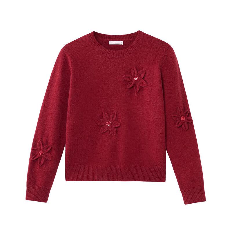 

INMAN Women s New Year Red 3D Floral Relaxed Fit Pullover Sweater S