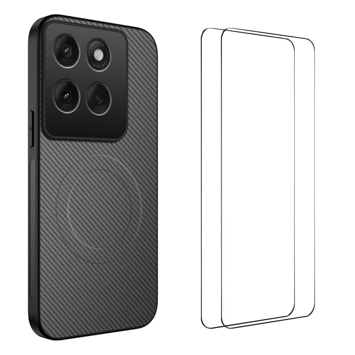 

For Motorola Edge 60 Pro 5G Magnetic Case WANLONFENG TQ1 Series Carbon Fiber Texture PC TPU Phone Cover with 2Pcs Screen Films Grey