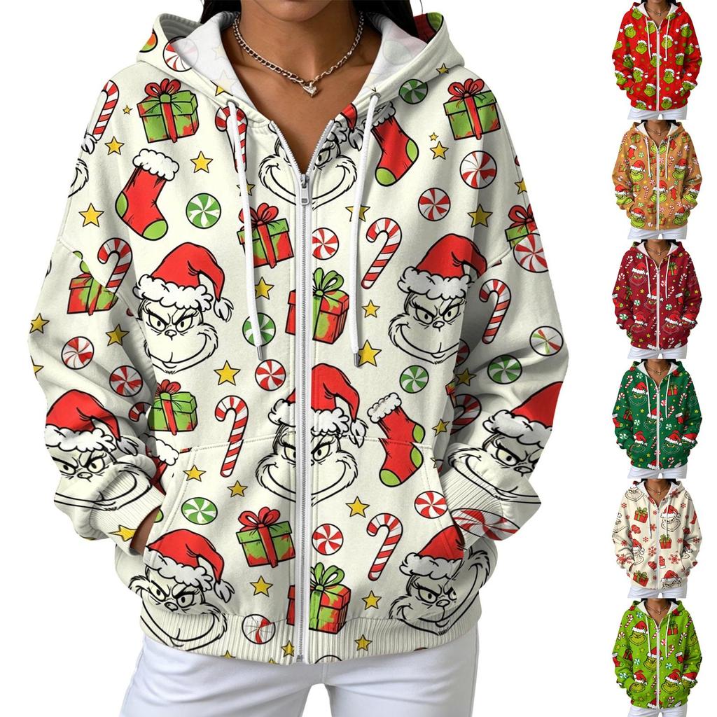 Women's Casual Loose Fit Printed -Lined Hooded Zip-Up Cardigan