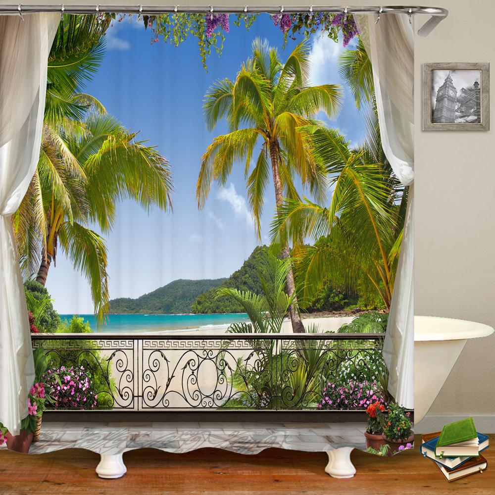 3D window opening scenery window landscape printed shower curtain mildew washable curtain bathroom decoration with hooks curtain