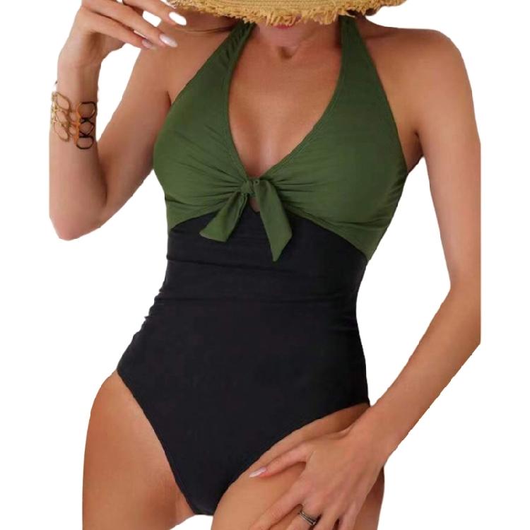 One Pieced Swimsuit for Women Breathable Swimwear Solid Color Contrasting Bathing Suit Beachwear Backless Design