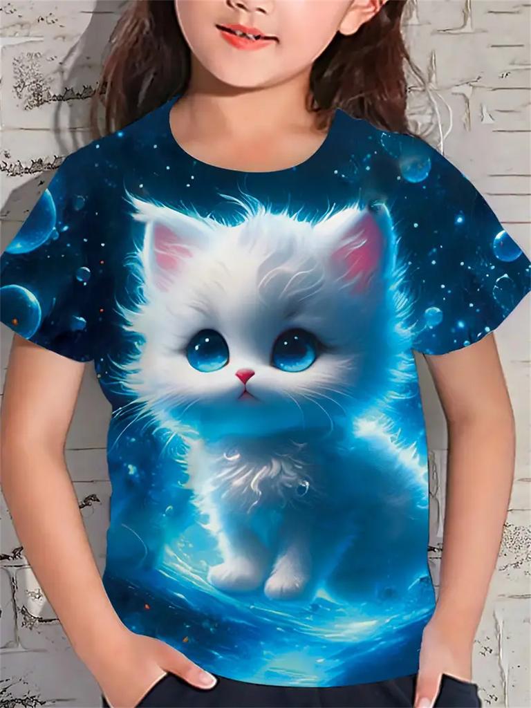 Fun Girl T-shirt Summer Short Sleeved Top Cartoon Animal Cat 3D Printing 2025 Girl Clothing