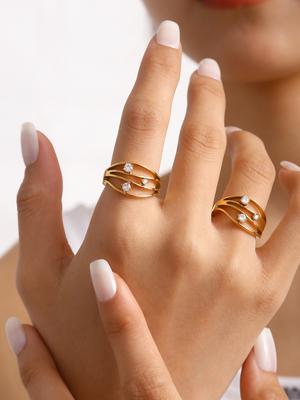 1 Pcs French Vintage Versatile Irregular Line Stainless Steel 18k Gold Plated and Diamonds Women's Ring