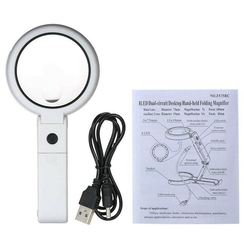 5 / 11X Magnifying Glass With 8 LED Light Magnifier Foldable Stand Table Lamp