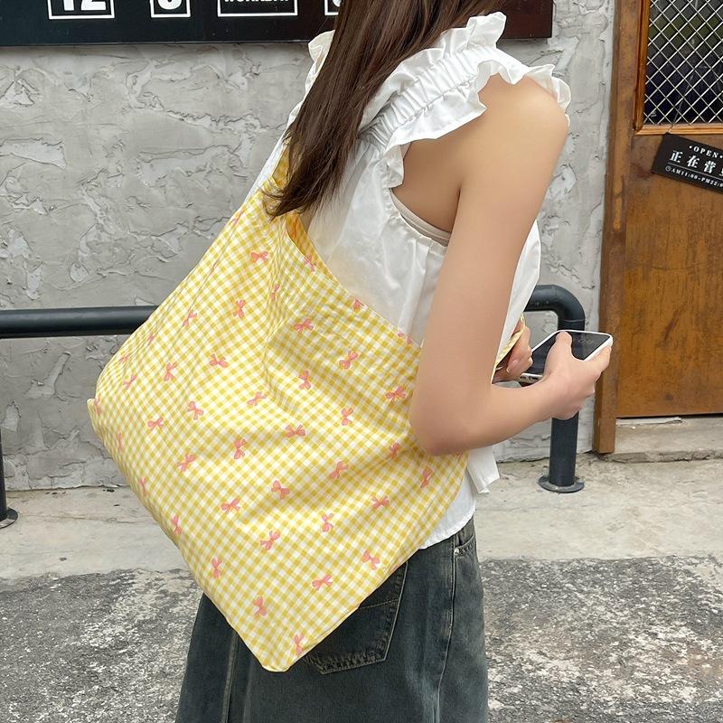Candy Color Plaid Women's Shoulder Bags Large Capacity Women's Shopping Bag Cute Bowknot Female Travel Handbags Book Tote Purse