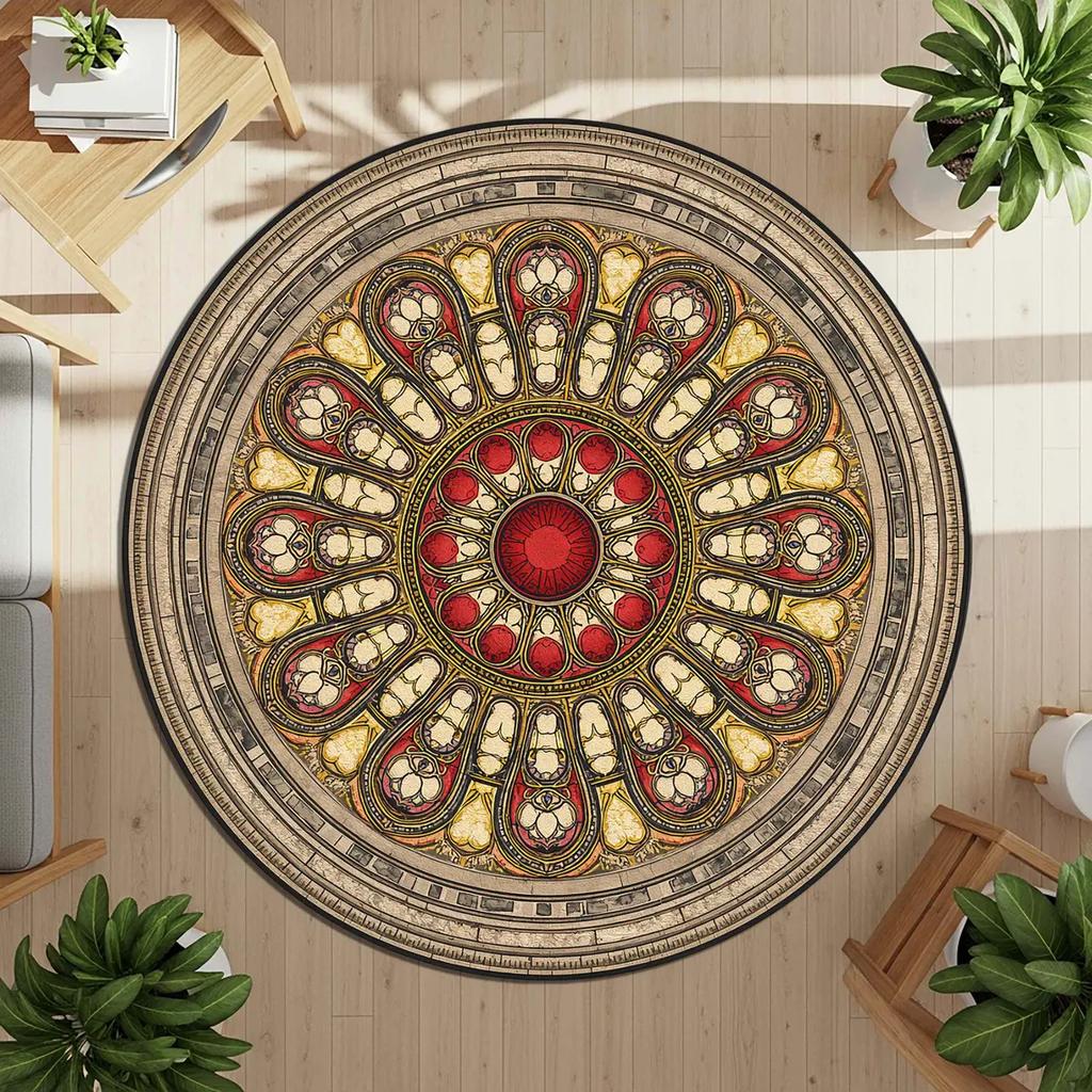Hedgehog Round Rug Woodland Forest , Cozy Animal Carpet with Autumn Floral Border, Cottagecore Nature Decor for Living Room