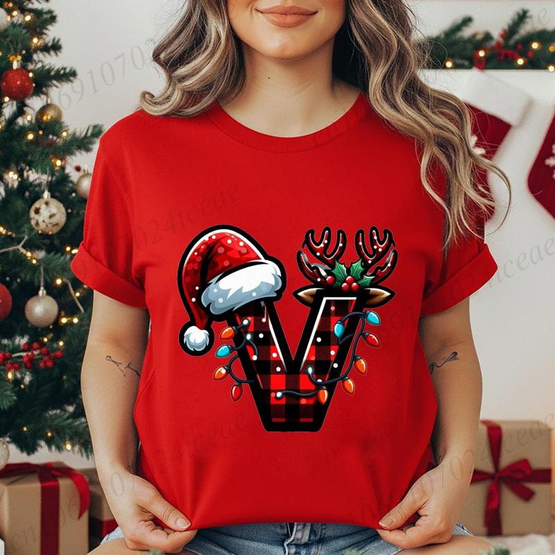 Christmas Alphabet Printed T-Shirt for Women Unisex Fashion Trendy Funny Casual Tops Santa Hat, Reindeer Graphic Tshirt T Shirt