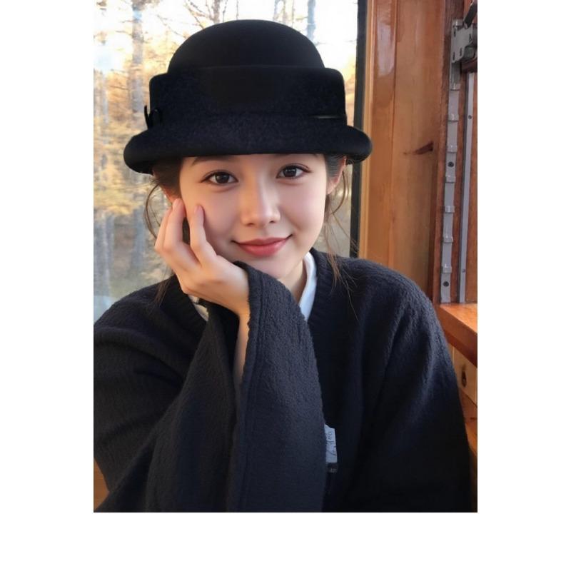 Vintage Hepburn Style Black Round Top Bucket Hat For Women