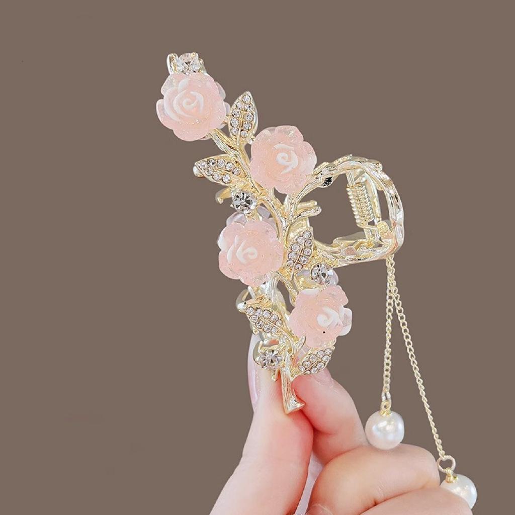 1 st Mode Utsökt Strass Rosa Rosblomma Pärltofs Hårklor För Kvinnor Flickor Fest Håraccessoarer