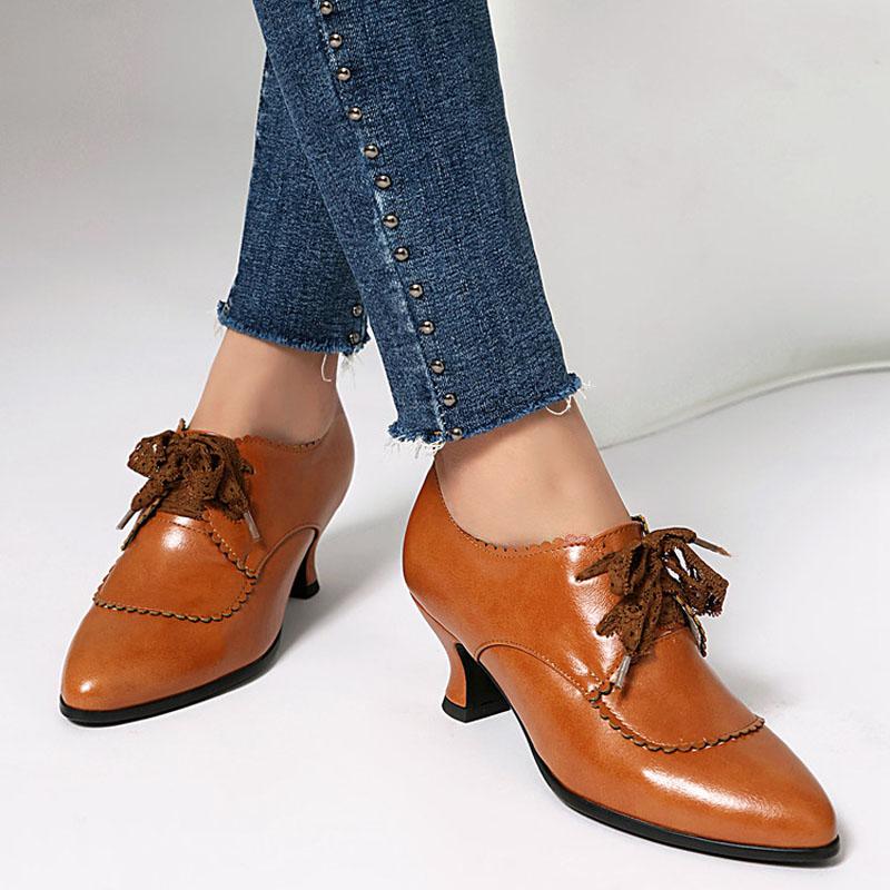 Spring Autumn PU Leather Shoes for Women Lace-up 5.5 Cm Middle Heels Shoes Woman Custom Retro Female Casual Shoes WSH5256