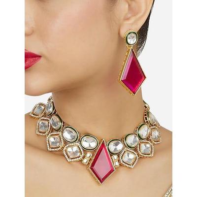 Ružový kameň Zelený Meenakari Rakúske diamanty Ozdobený Náhrdelník a Náušnice Set Pre Ženy