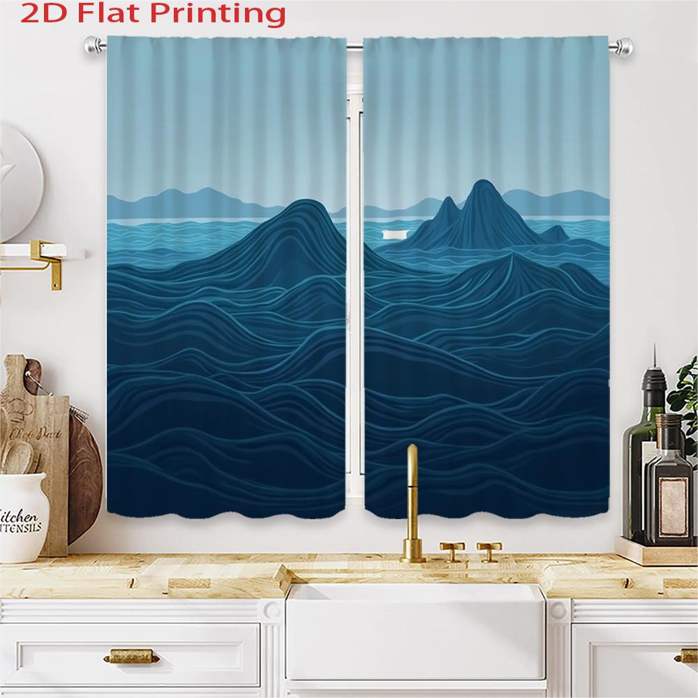 Set Of 2 Flat Printing Curtains Blue Ocean Wave Pattern Dark Sea Waves Theme Polyester Fabric Semi Curtain Light Filtering Made