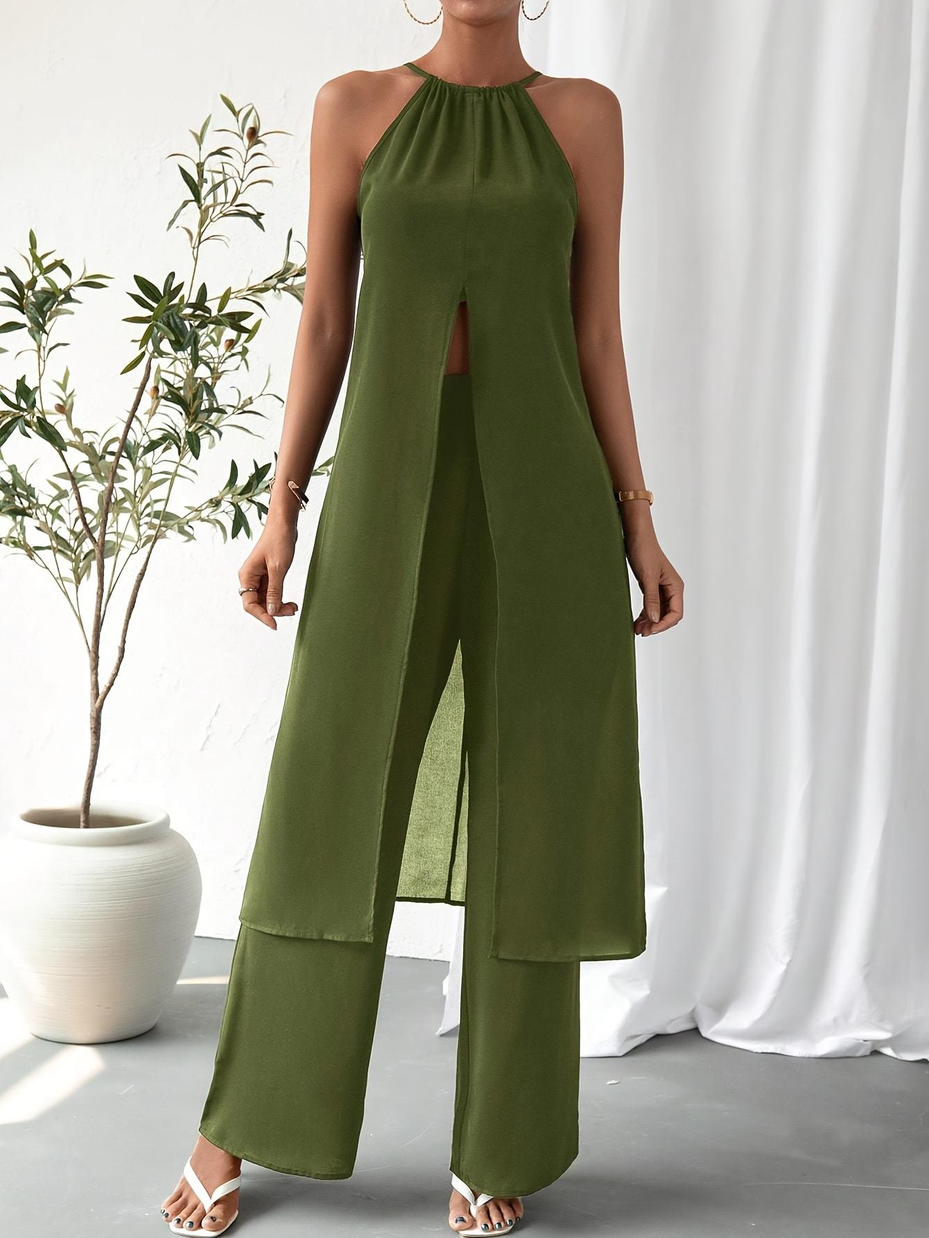 

2025 Elegant Casual Solid Color Women s Camisole Two-Piece Set Large армія зелений колір