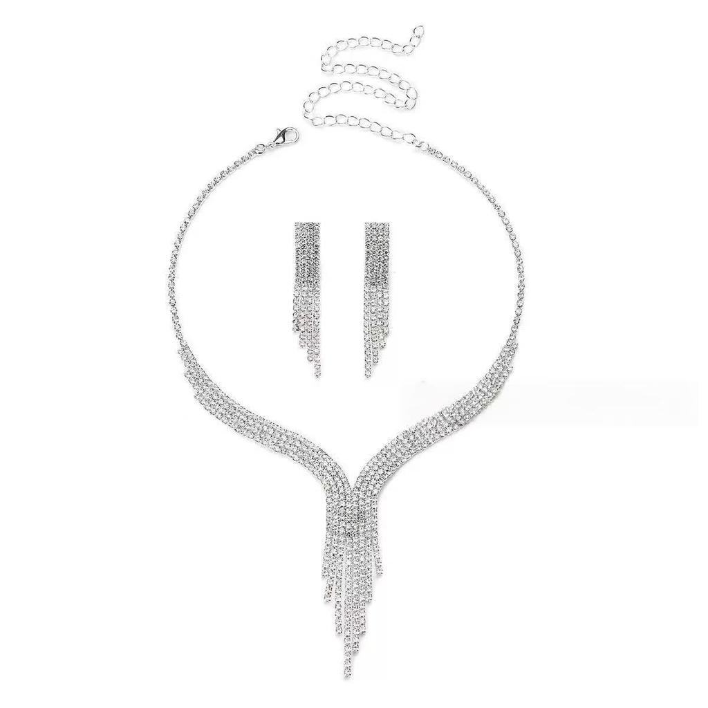 Sparkling Diamond Necklace and Earrings Set for Bride - Elegant Wedding and Evening Jewelry