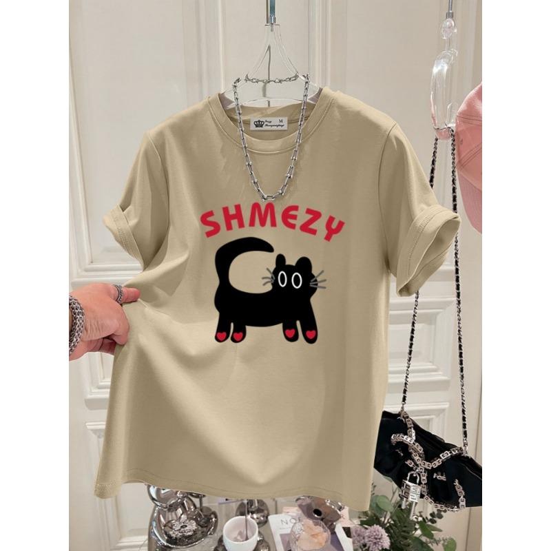 Cartoon Cat Top New Summer Korean Version Love Letters Large Version Loose Gray Short-sleeved T-shirt for Women