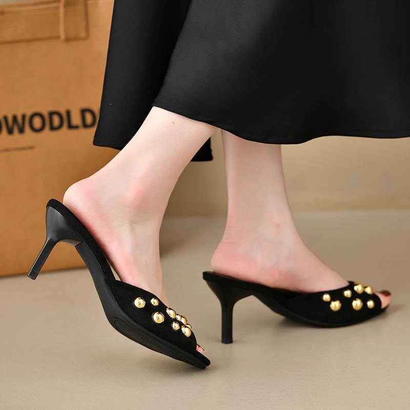 Fashion New Riveted Open-toe Flip-flops for Women with Thin Heels, Sexy and Elegant High-heeled One-shoulder Flip-flops for Summer Wear