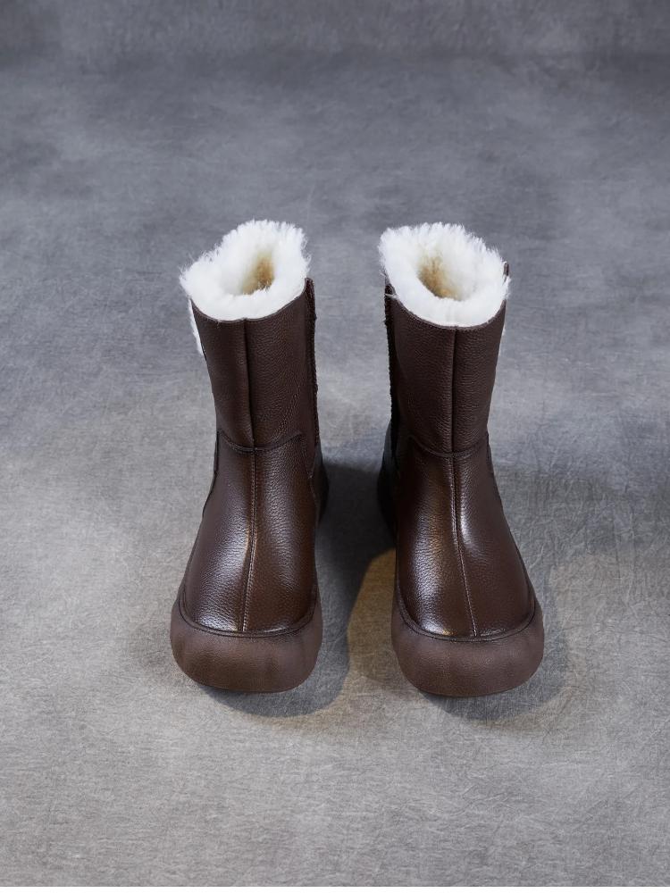 Johnature Genuine Leather Snow Boots Women's Shoes Plush Warm Versatile Soft Soled Mid-calf Boots