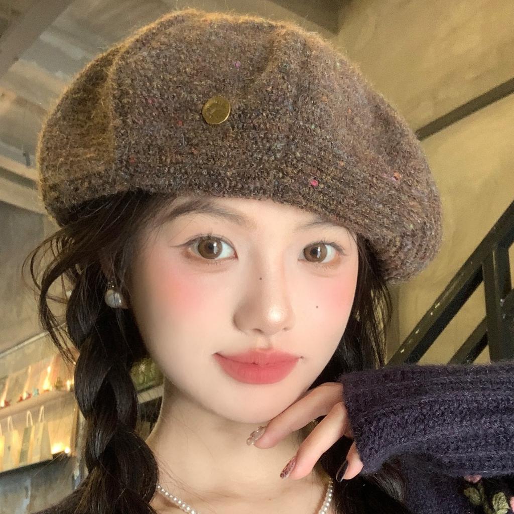 Maillard Coffee Color Knitted Beret for Women in Autumn and Winter Small Face  Large Head Circumference  Warm and Versatile Cloud Painter Hat
