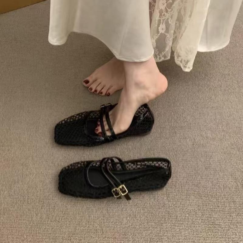 Fashion 2025 New Women Mesh Fishnet Ballerina Flats Comfortable Buckle Strap Ballet Flats Breathable Casual Walking Shoes for Commuting