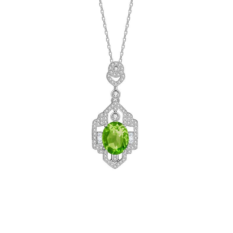 Natural Peridot Retro Pendant S925 Sterling Silver Necklace Women's Light Luxury Crystal Clavicle Chain Jewelry