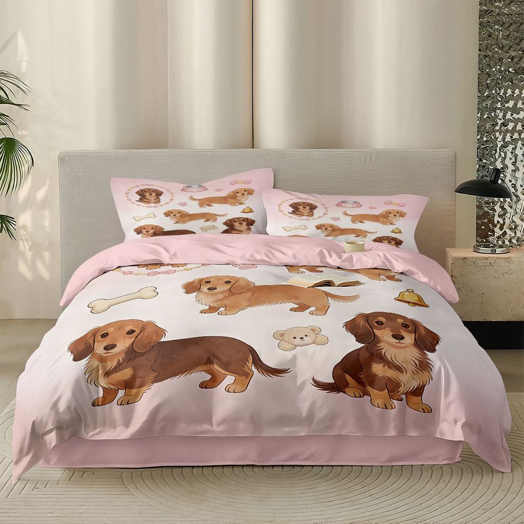 Set Copripiumino 3 Pezzi Cane Bassotto Carino Stampa Animalier Senza Cuciture, Decorazione Biancheria da Letto Multitaglia, Lavabile in Lavatrice