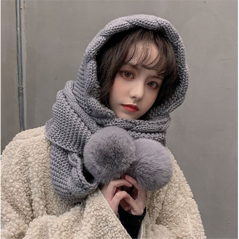 Wool hat women's autumn and winter versatile scarf integrated hat cute hairball ear protector thickened warm knitted hat