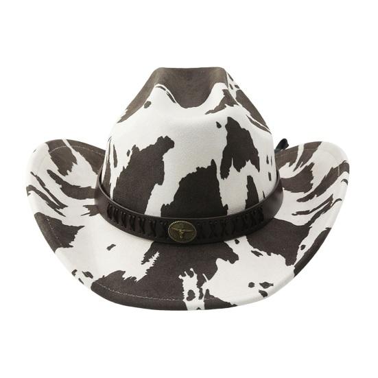 Western Cowboy Hat, Moderate Wide Brim Suede Fabric Black White Cow Print Hat with Faux Leather Band Metal Rivets, Outdoor Cycling Sun Protection Hat